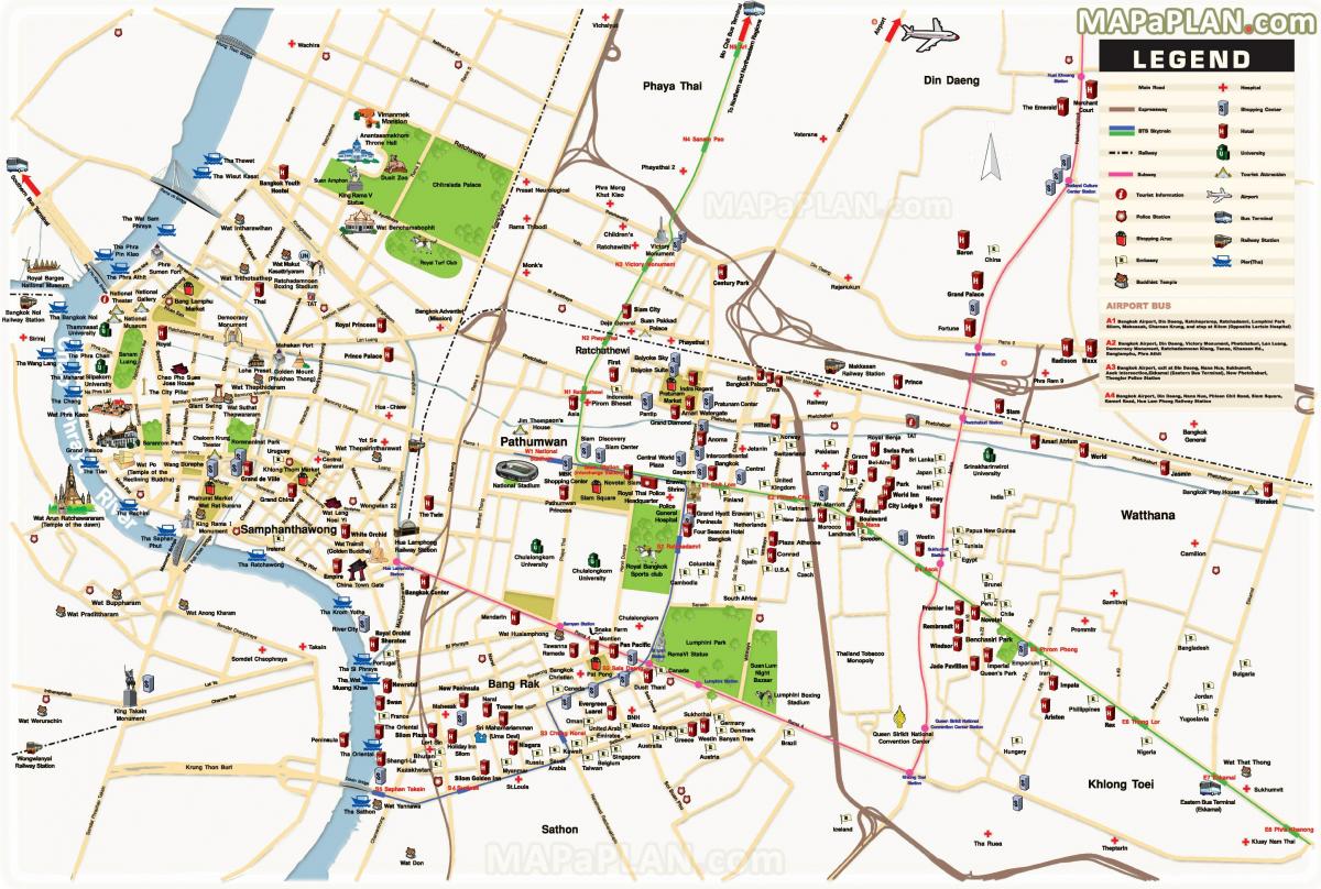 बैंकॉक के मुख्य आकर्षण का नक्शा